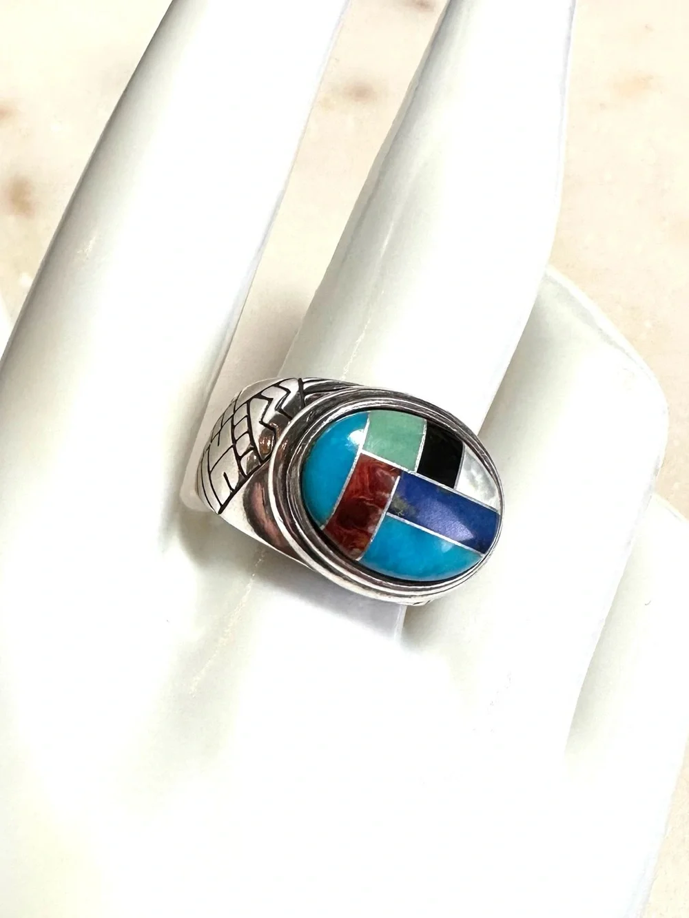 Carolyn Pollack Multi-Gemstone Geometric Inlay Southwest Sterling Silver Ring